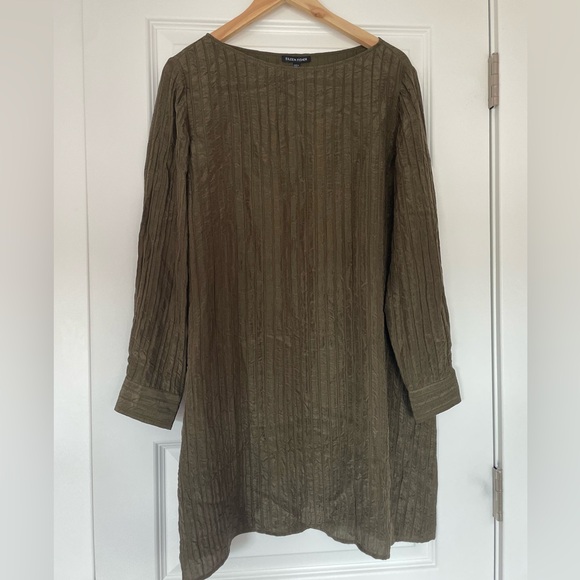 Eileen Fisher Puckered Silk Bateau Neck Tunic, long sleeve, color branch, small - Picture 1 of 7